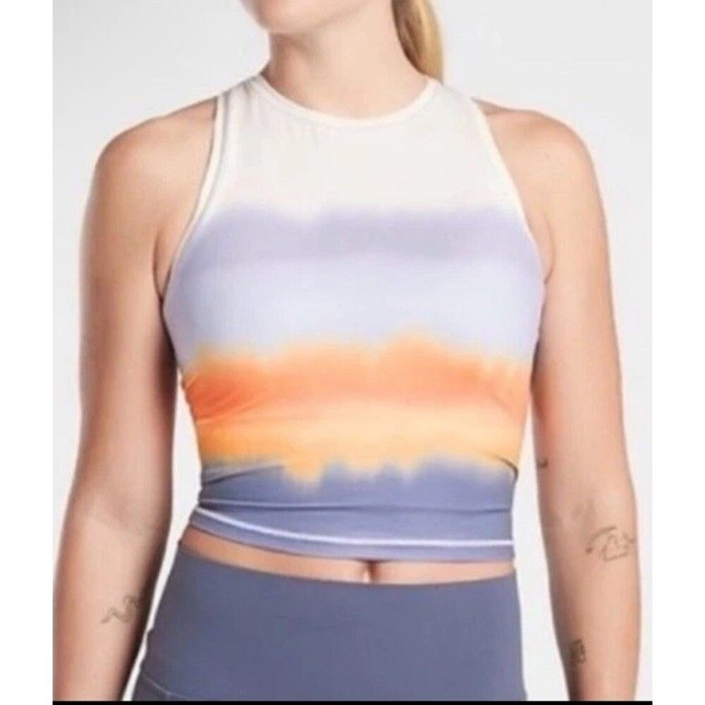 Athleta Shanti Printed Crop Tank Top SZ Med Racerback Ombre Orange Blue Stretch